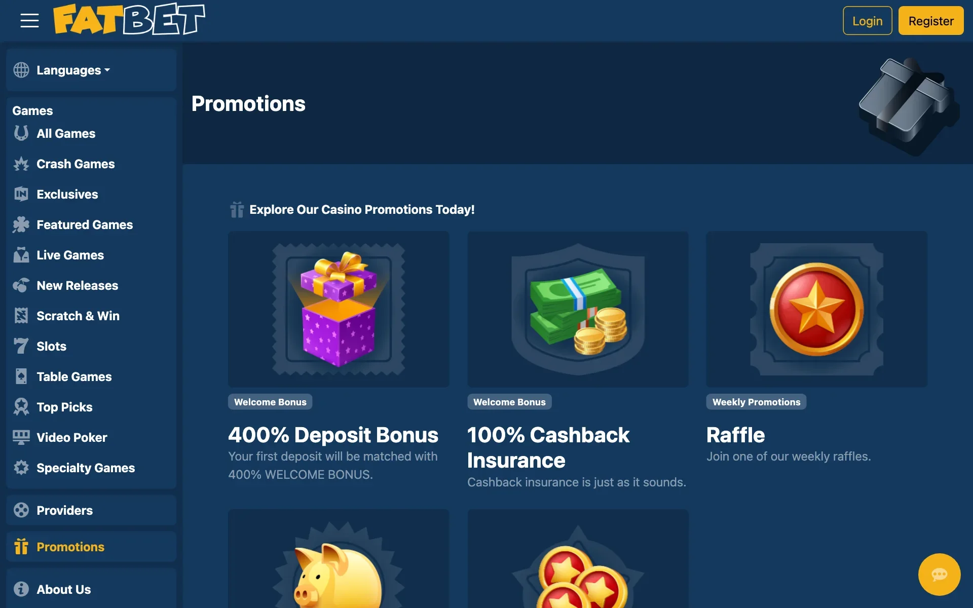 FatBet promotions page with the welcome choice and weekly offers