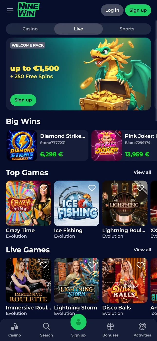 NineWin live casino tab on a phone with Crazy Time, Lightning Roulette and other live games